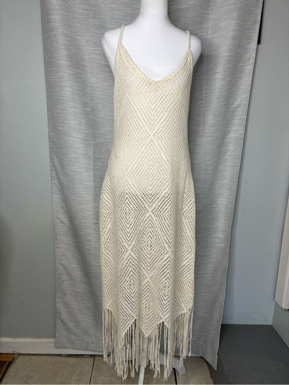La Blanca Cream Crochet Fringe Maxi Dress